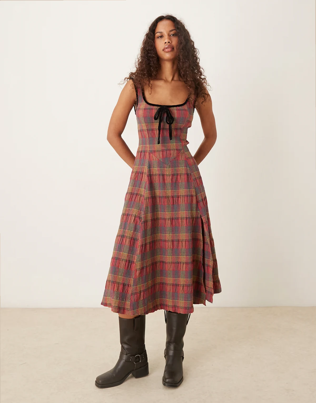 freya strappy midi dress in cherry plaid combo