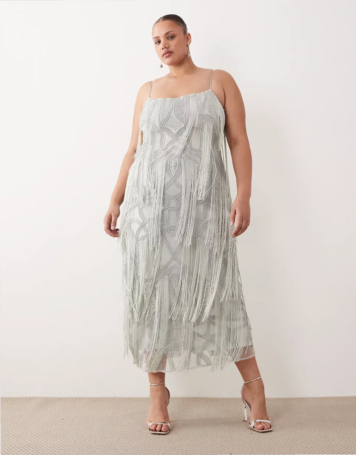 Curve geo fringe cami column maxi dress in dusky blue