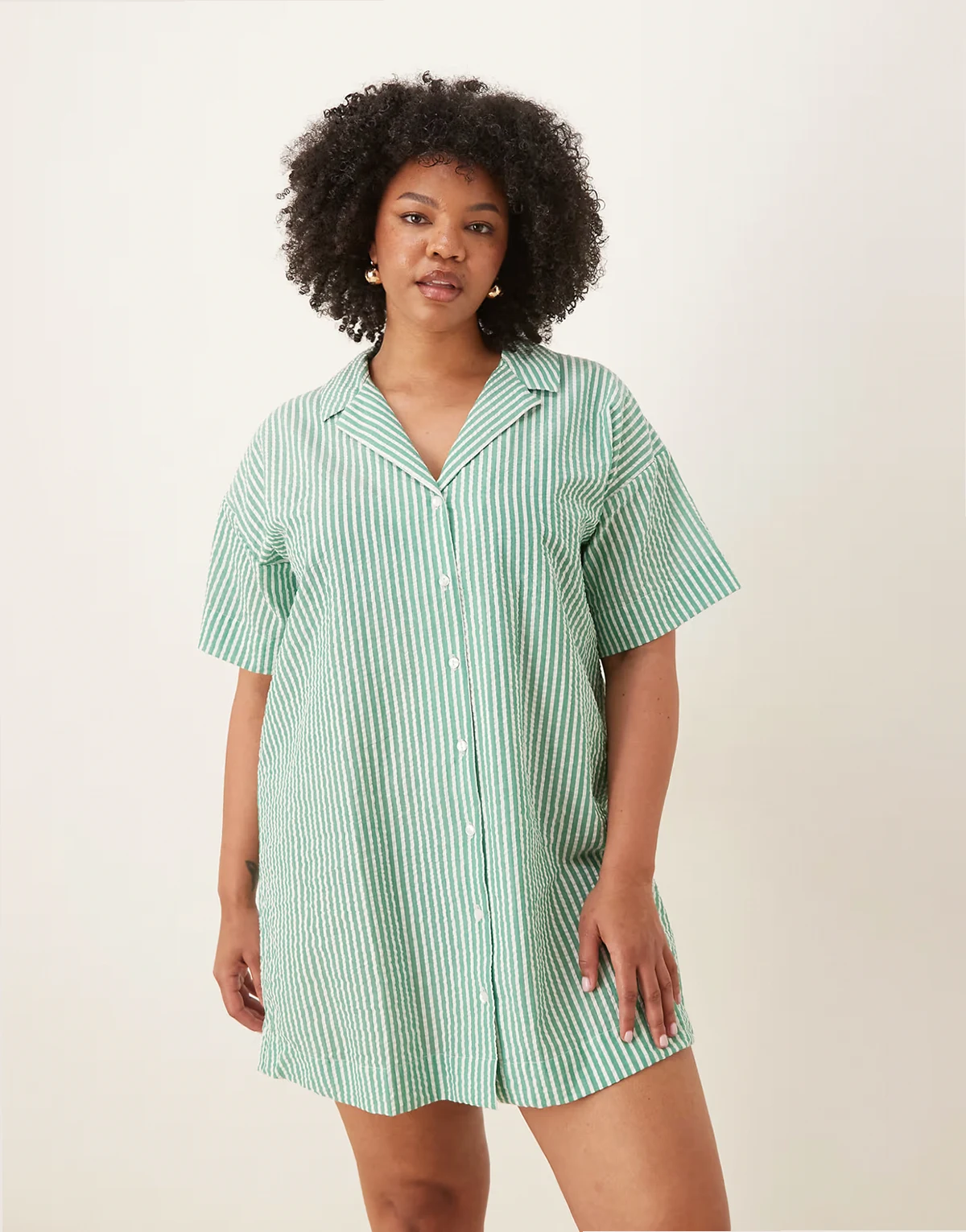 ASOS DESIGN Curve bowling shirt dress in green stripe