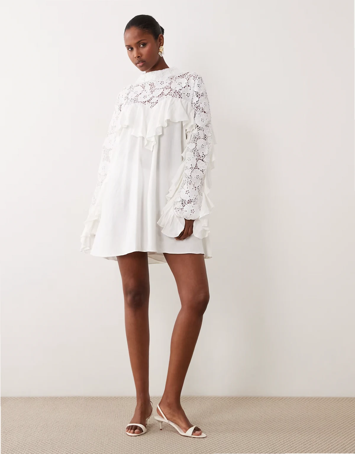crochet lace high neck ruffle trim mini dress in white