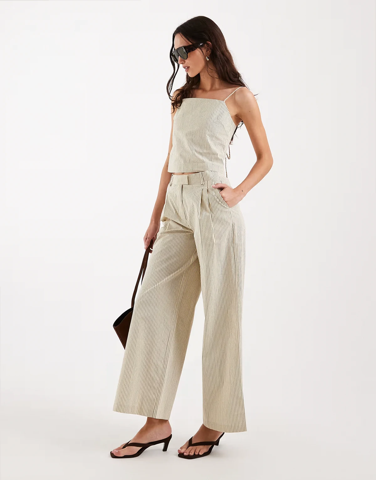 soft feel pleat front tailored wide leg pants in beige pinstripe - part of a set