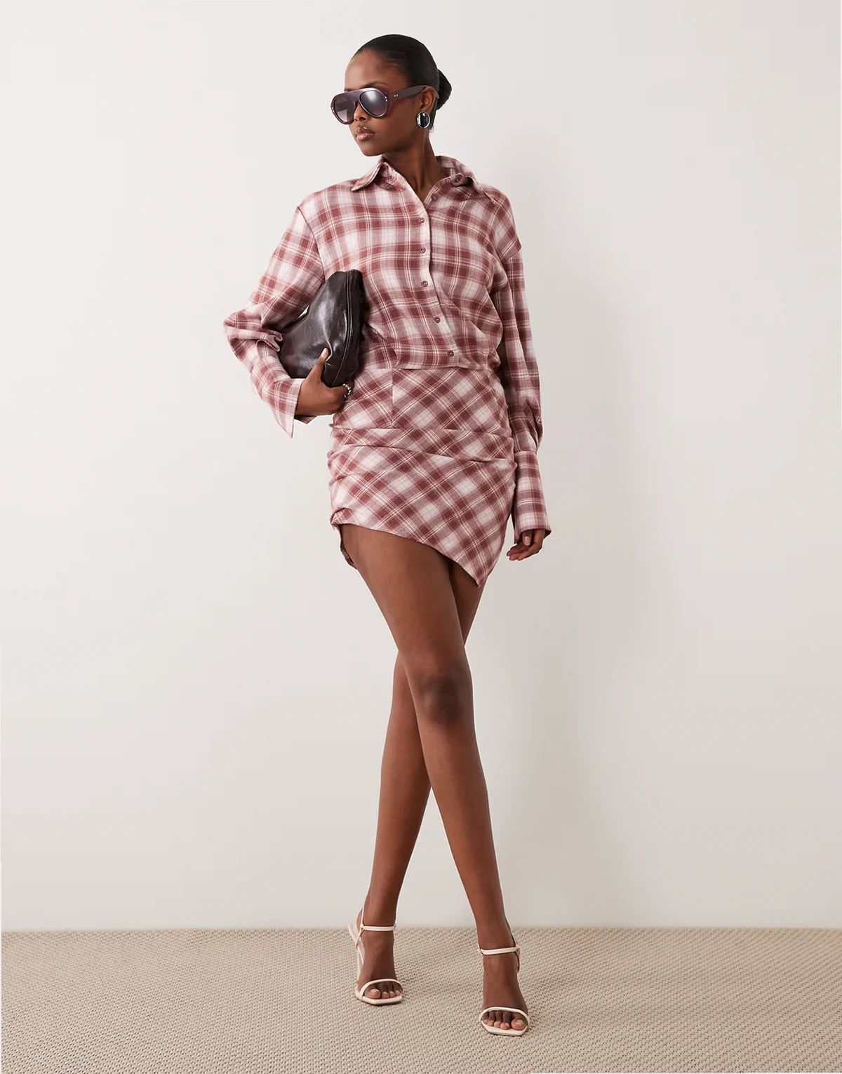 button up shirt asymmetric hem mini dress in pink check