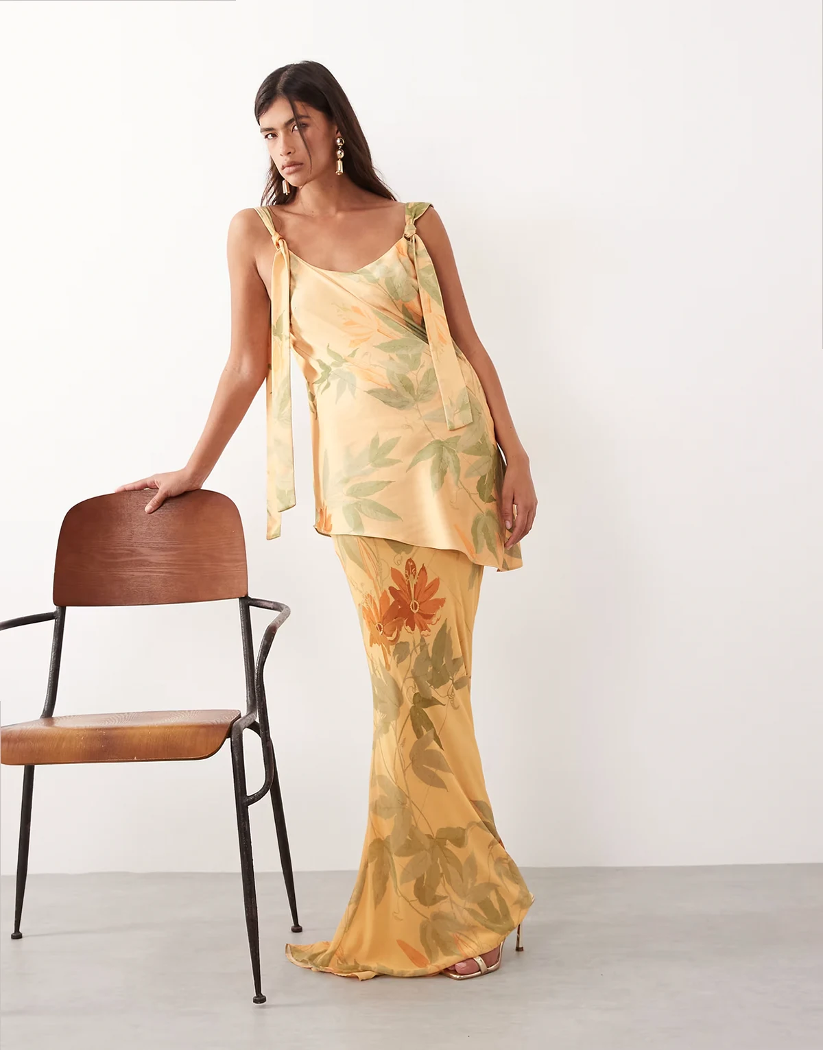 tie shoulder satin maxi dress in floral print