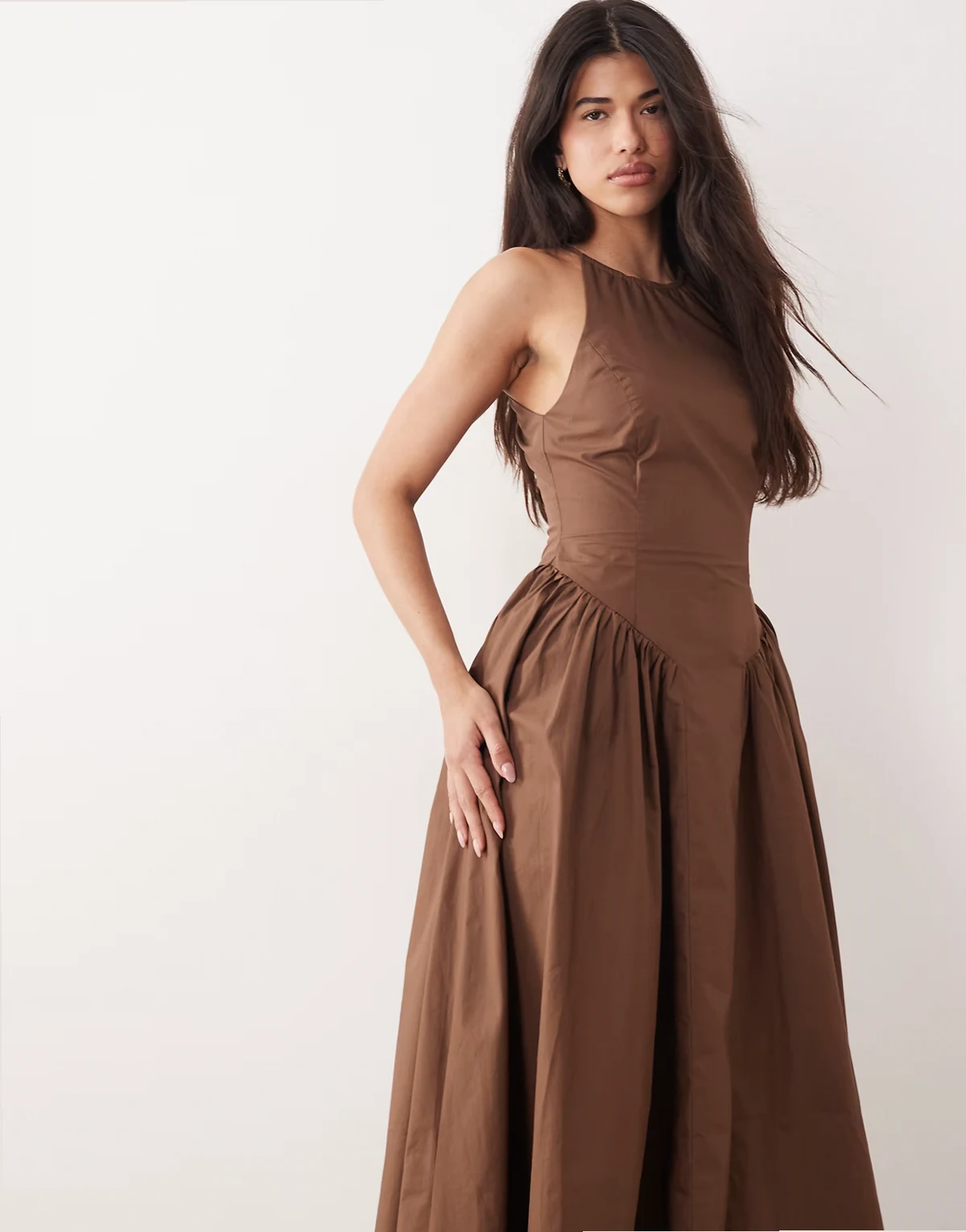 Exclusive cotton poplin racer neck gathered waist maxi dress in brown