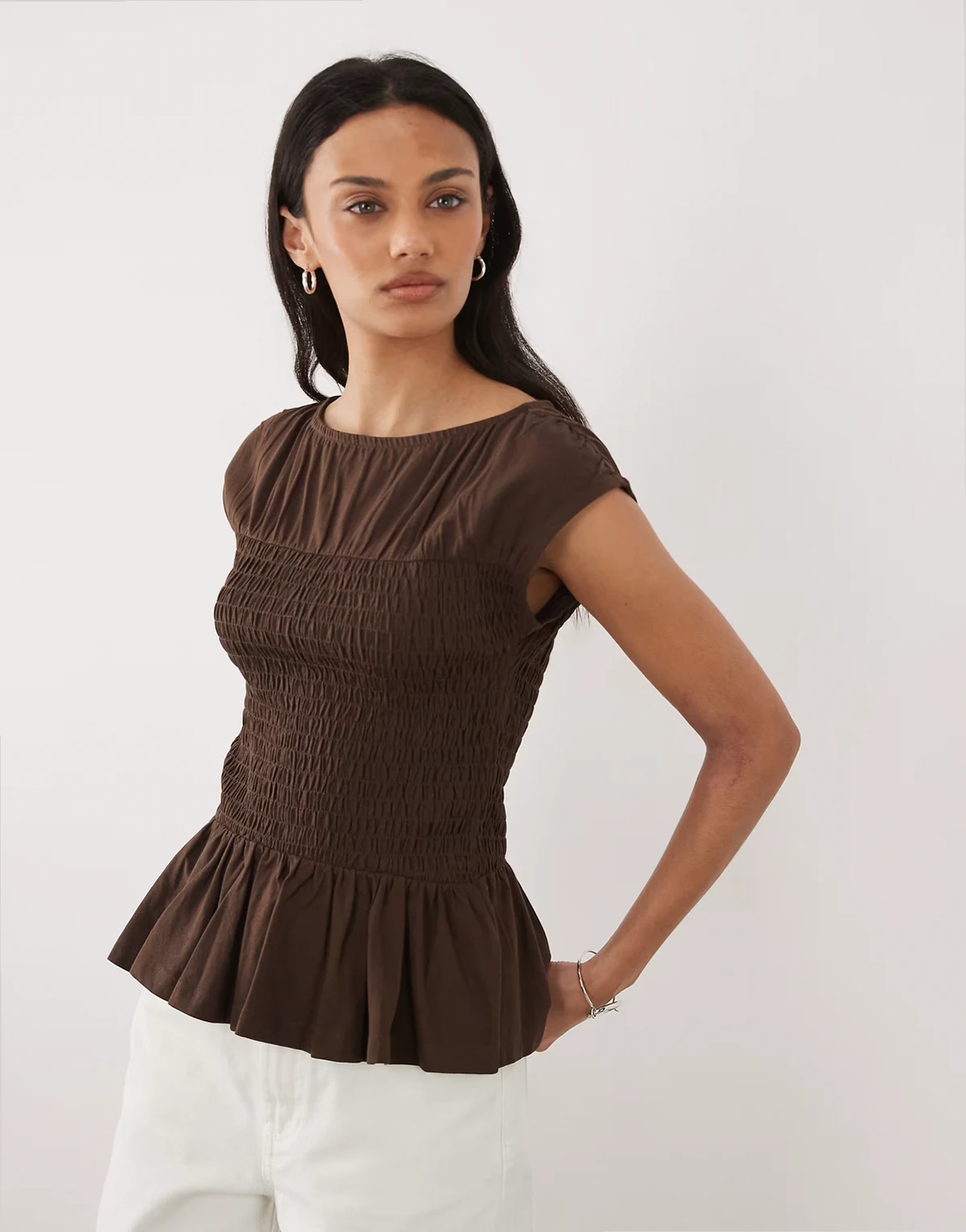 jersey cap sleeve shirred top in chocolate brown