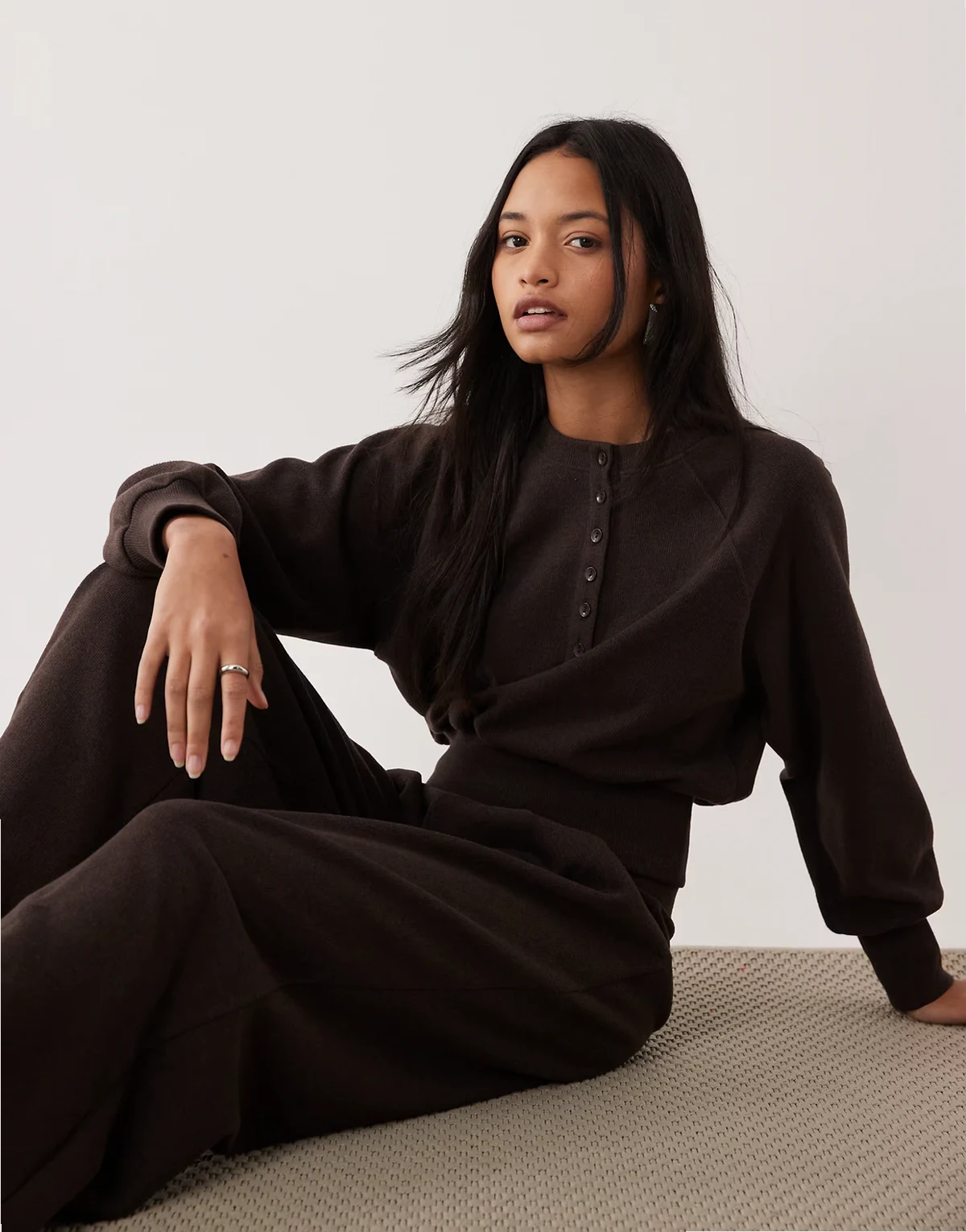 long sleeve with cinched waist and button detail top in brown - part of a set
