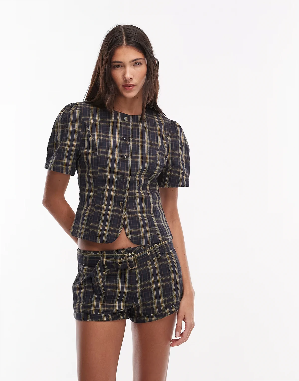 Femme cotton rich puff sleeve button up blouse in navy and lemon plaid - part of a set