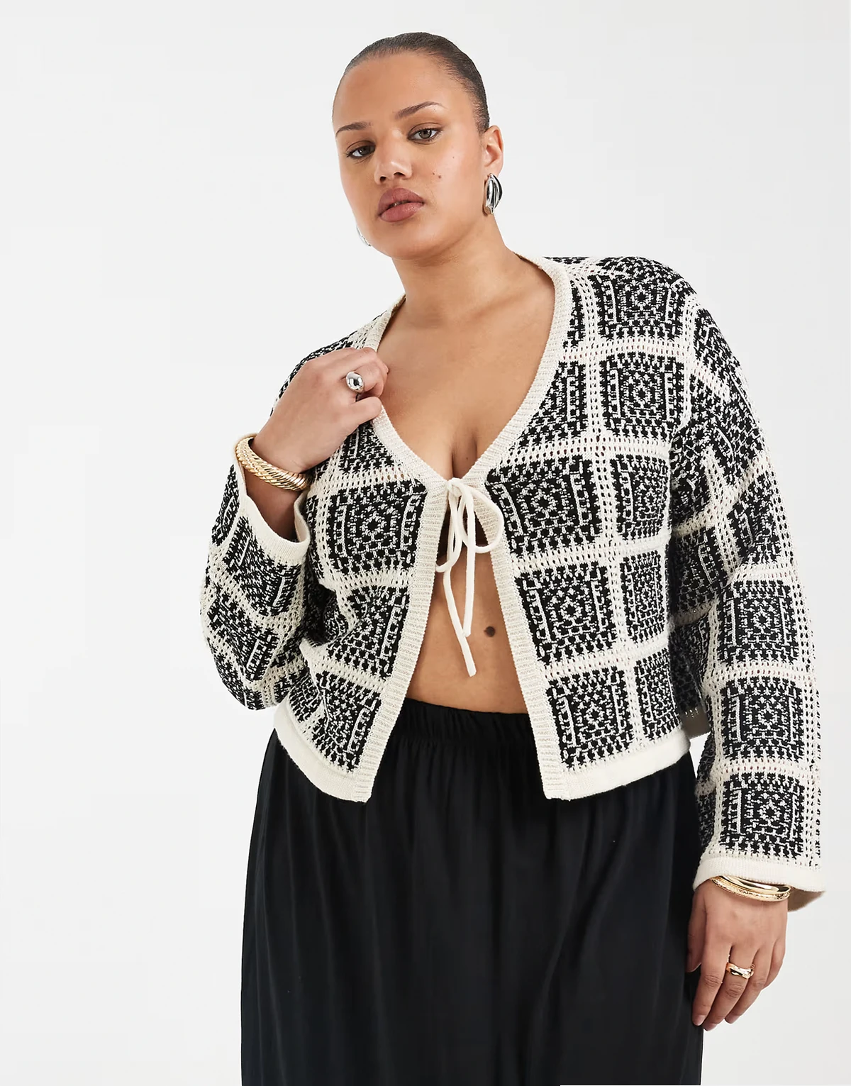 tie front crochet cardigan in black