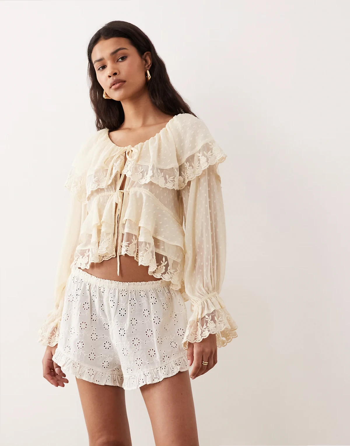 chiffon and lace tie front top in buttermilk