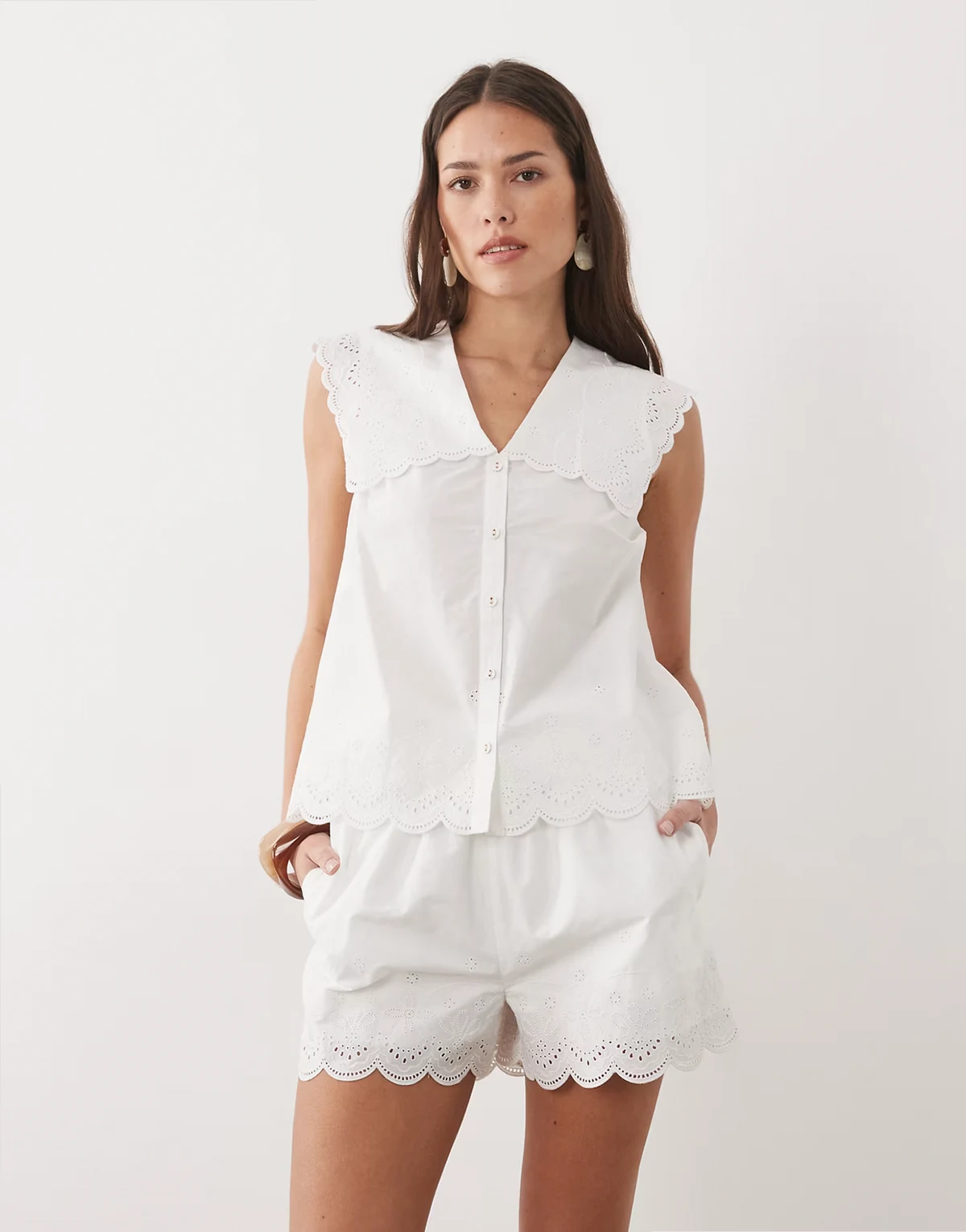 Bonnie oversized collar cotton eyelet blouse in white - part of a set