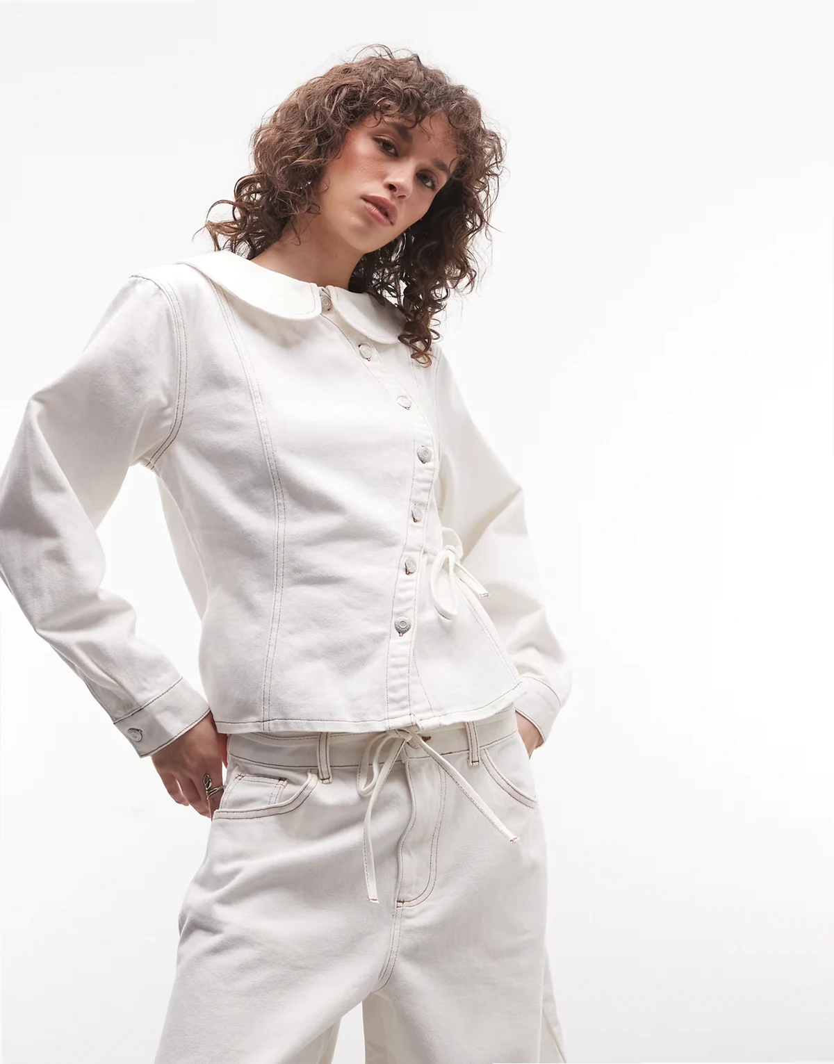 denim asymmetric jacket with tie detail  in white - part of a set