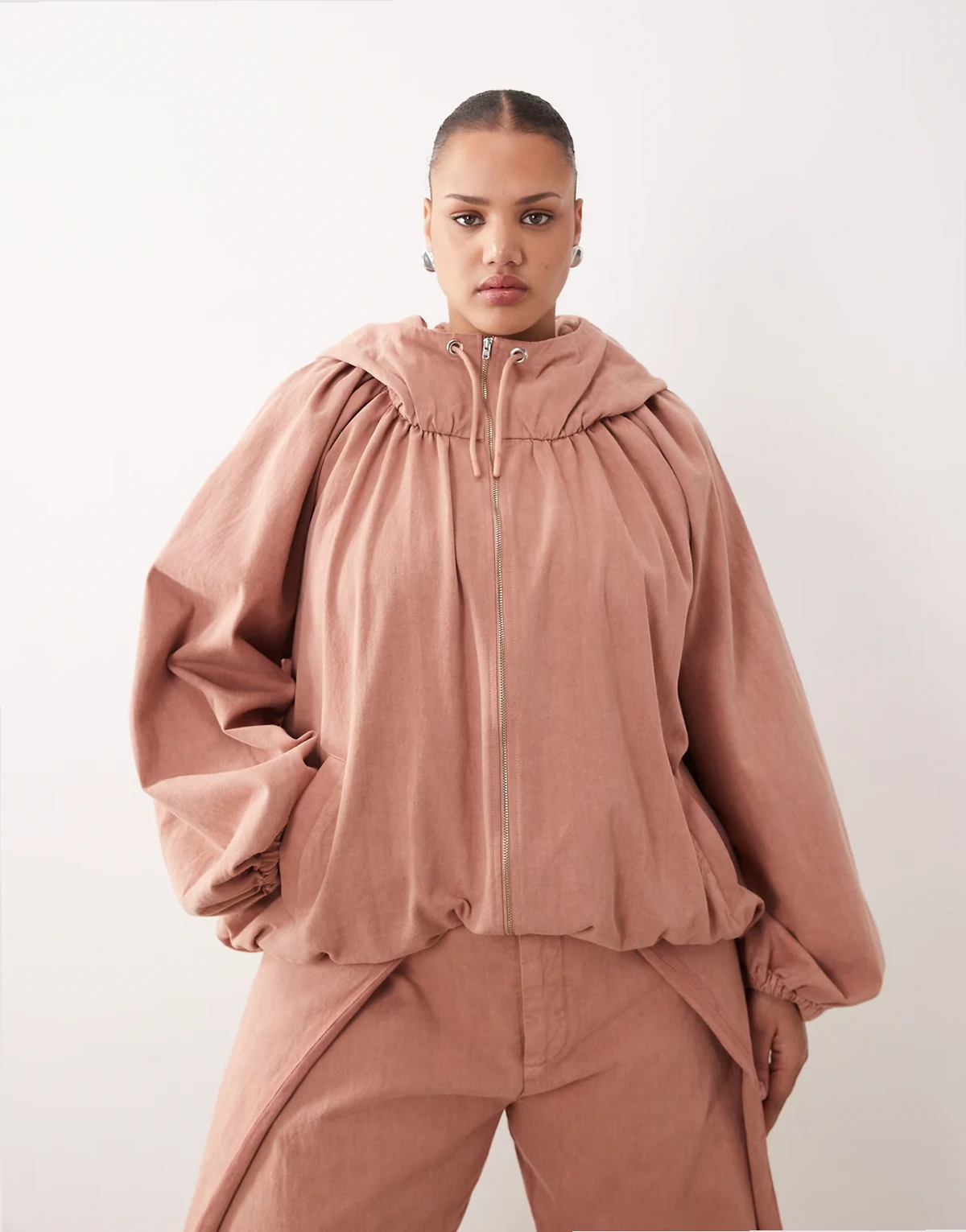 Curve drawstring volume sleeve jacket in pink acid wash - part of a set