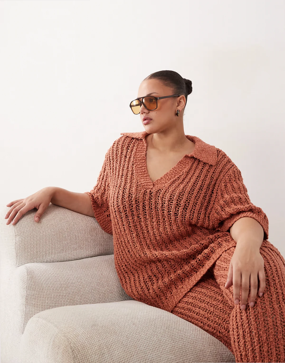 Curve crochet collared top in terracotta - part of a set