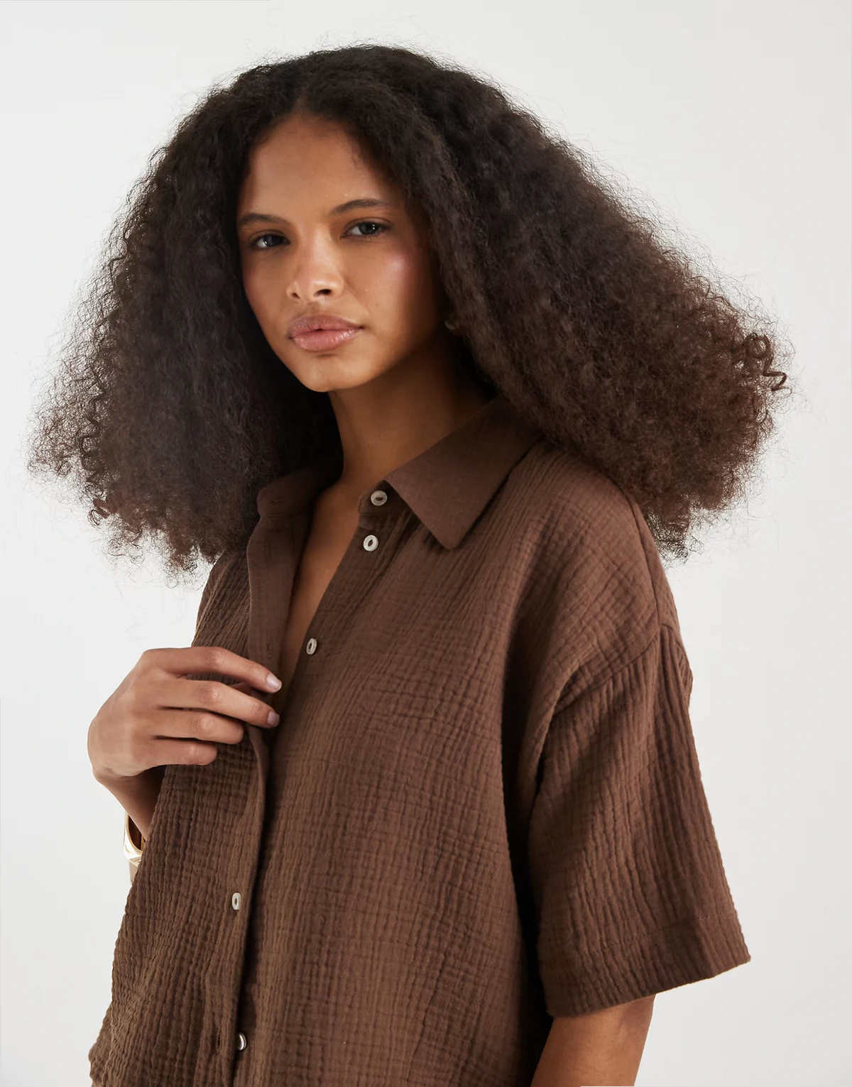 cheesecloth textured boxy shirt in chocolate - part of a set