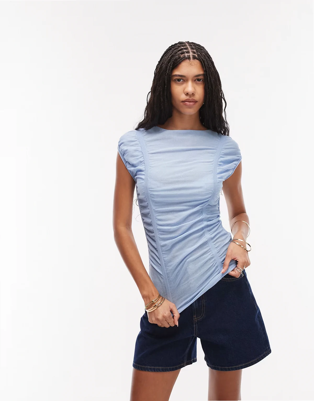 ruched top with cap sleeves in light blue