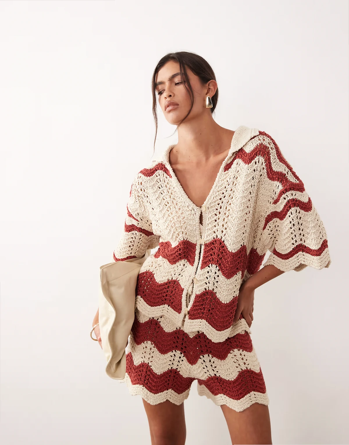 striped crochet top in rust and beige - part of a set