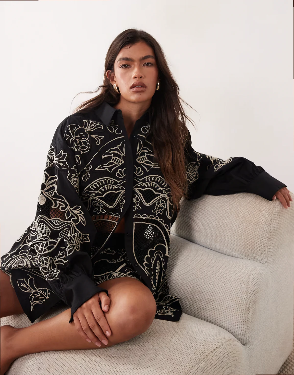embroidered cutwork oversized shirt in black - part of a set