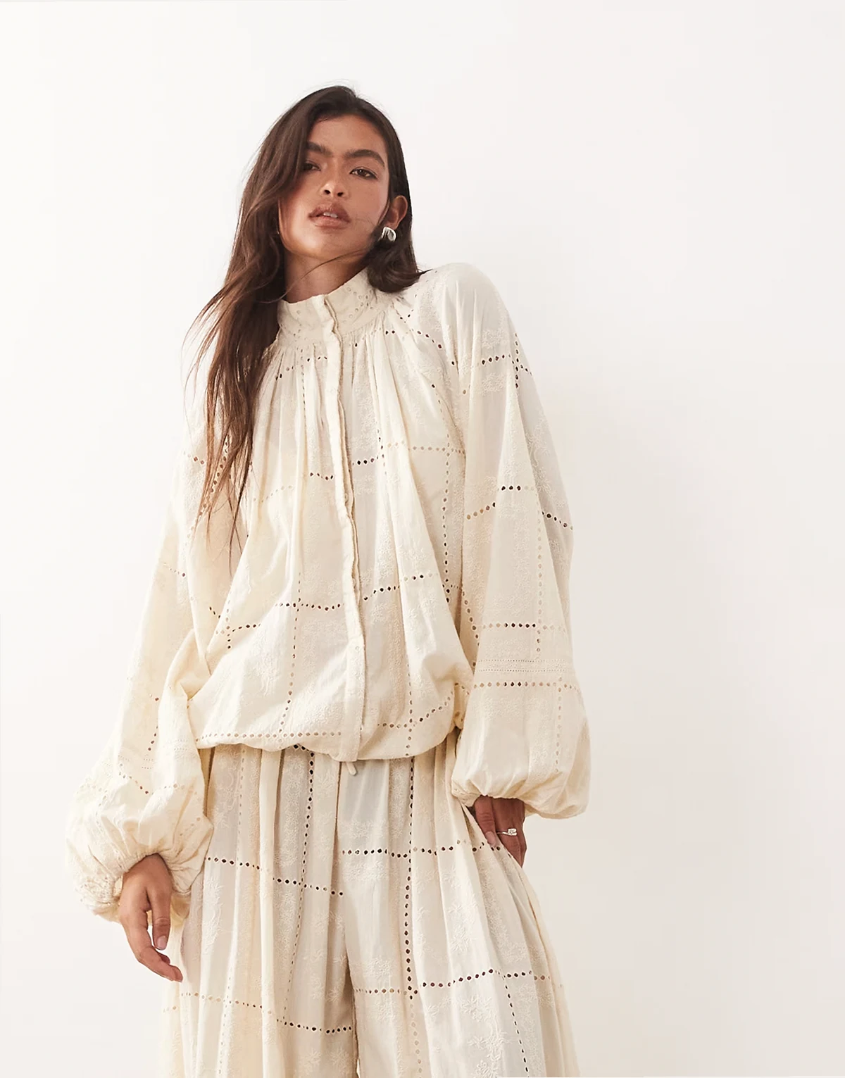 broderie eyelet balloon sleeve shirt in cream - part of a set
