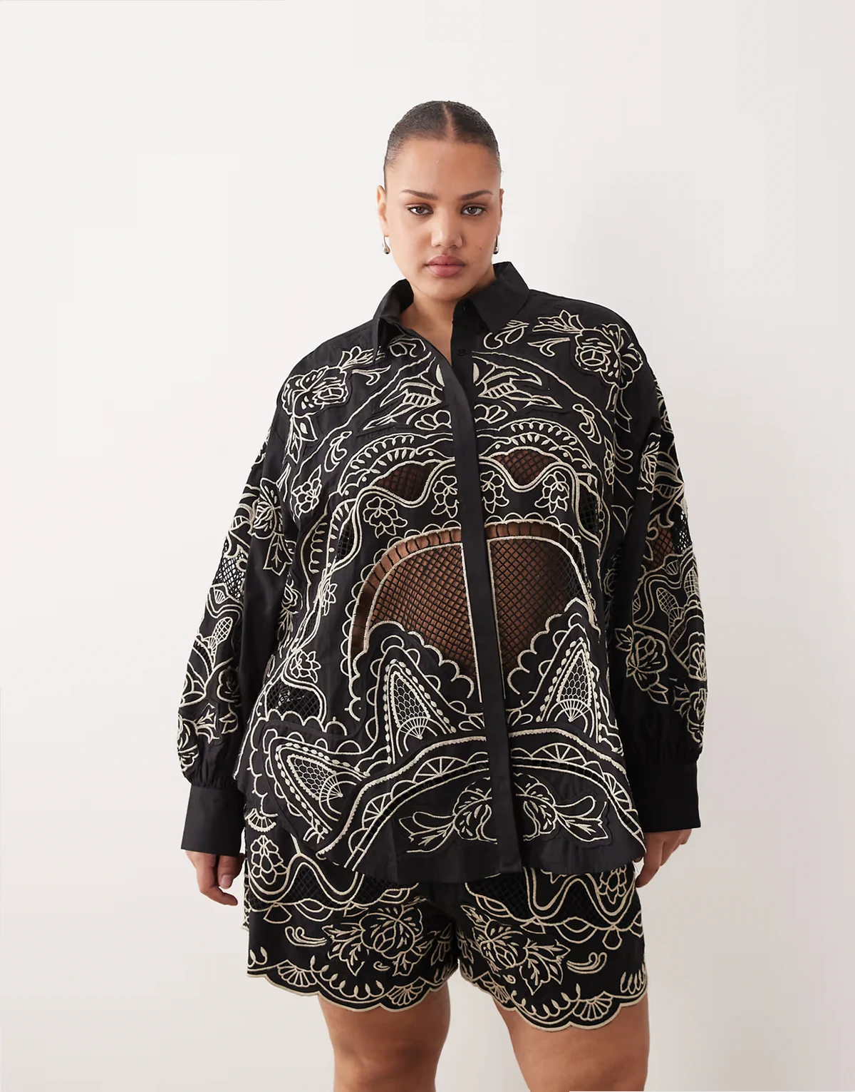 Curve embroidered cutwork cotton shirt in black and cream - part of a set