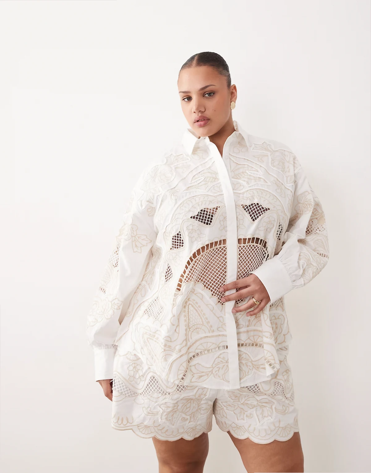 Curve embroidered cutwork oversized shirt in white - part of a set