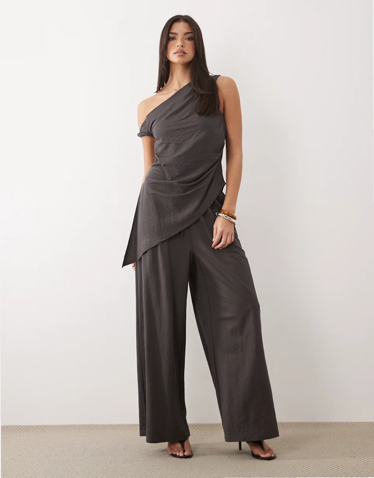 linen look longline top with asymmetric hem in charcoal gray - part of a set