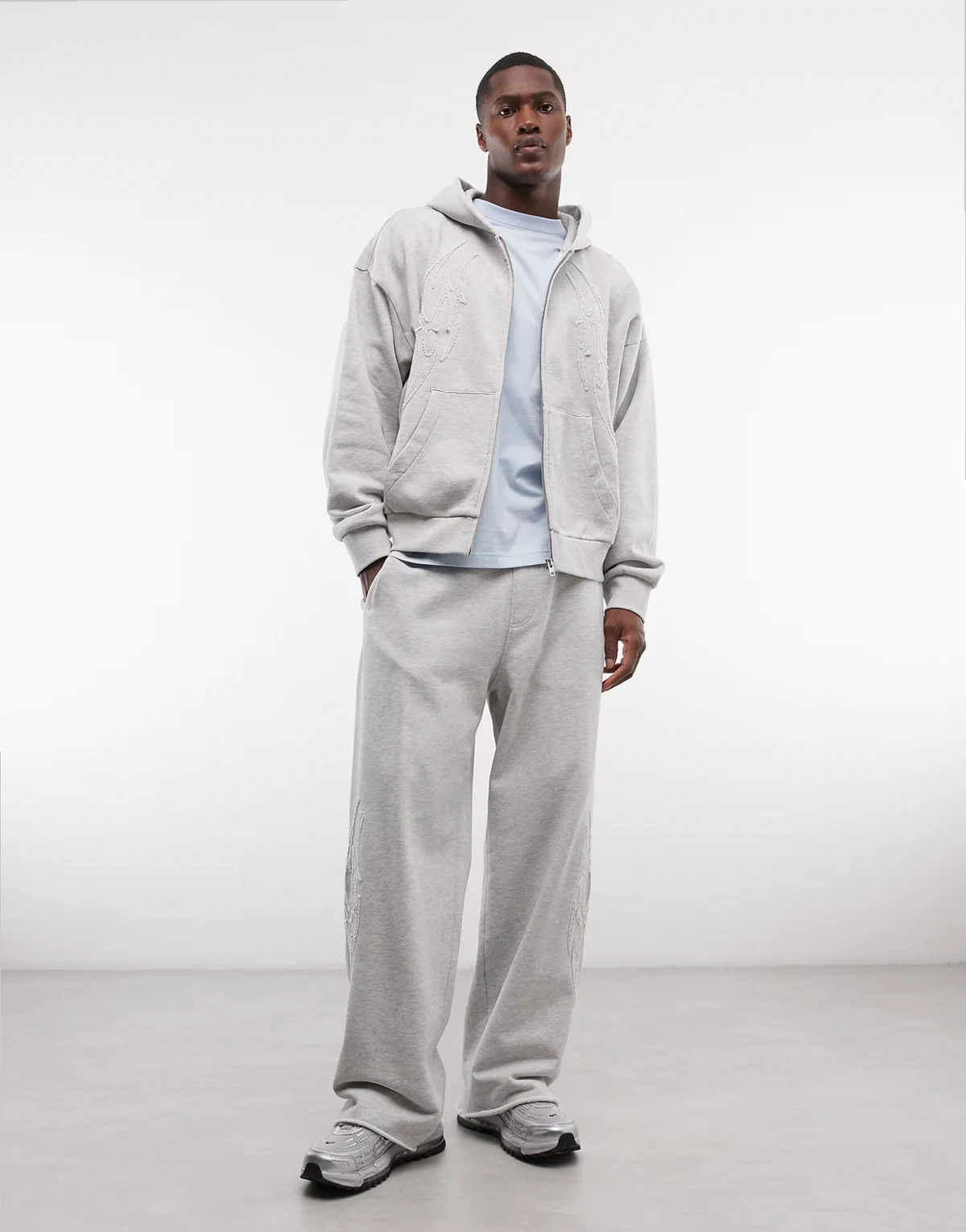 wide leg sweatpants in gray melange with embroidery detail - part of a set