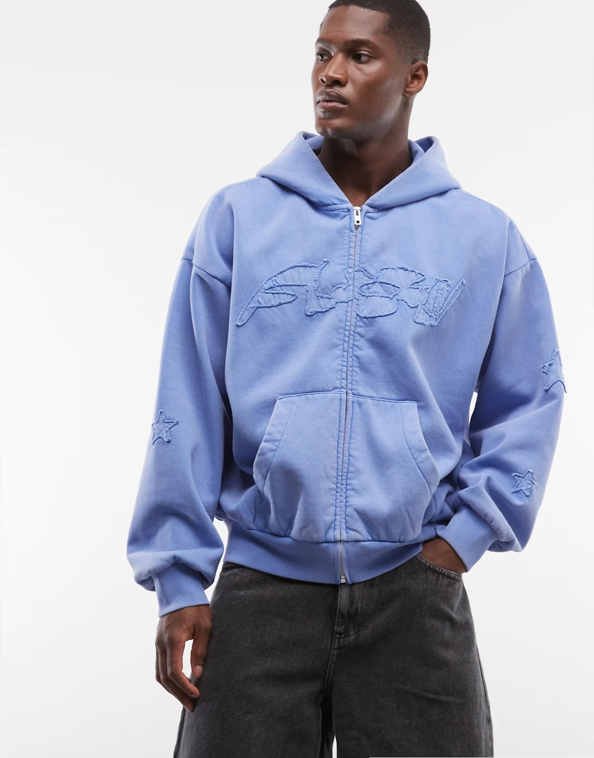 – Kastige Kapuzenjacke in Himmelblau mit Motivprint