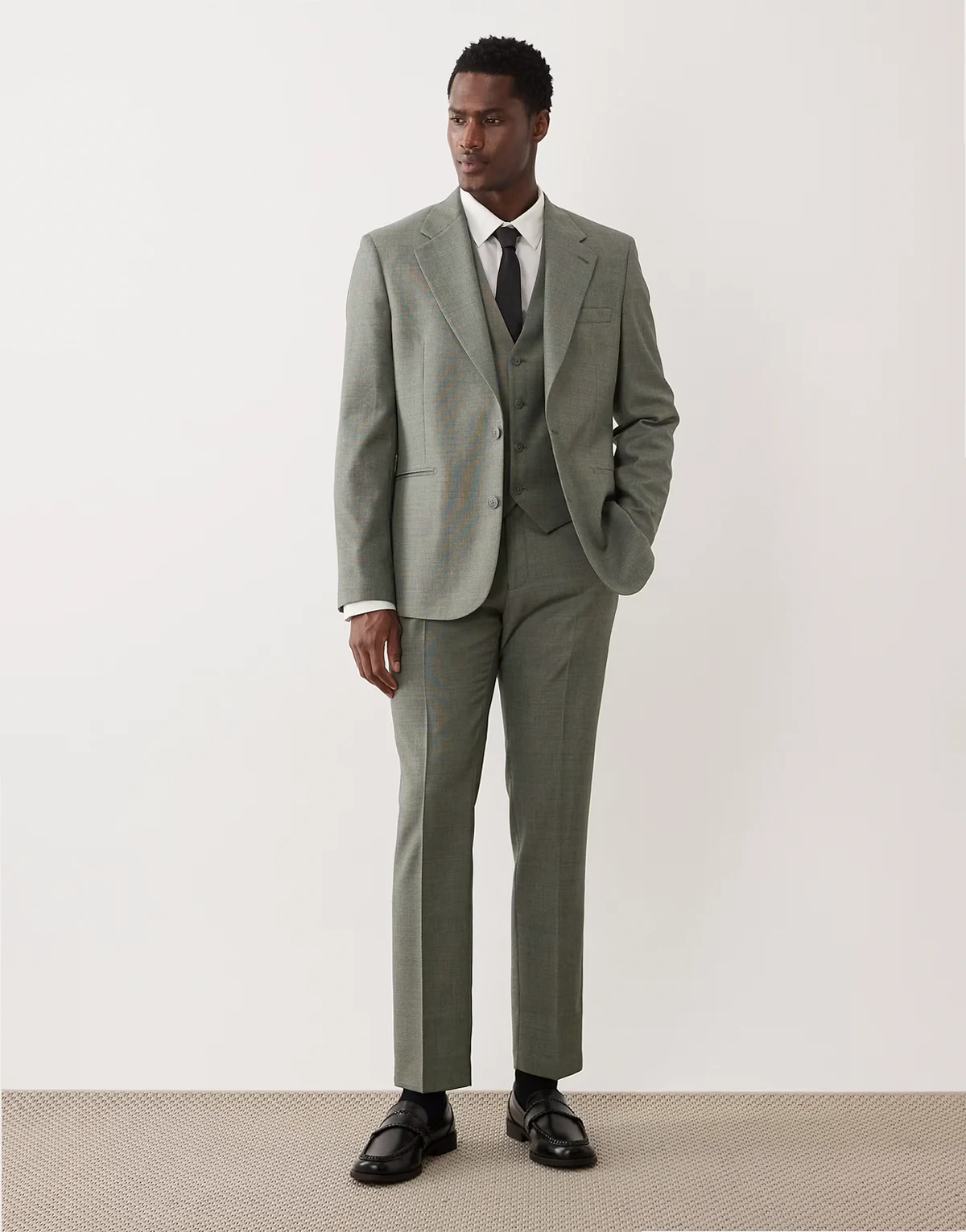 slim suit pants in mid green washable wool blend