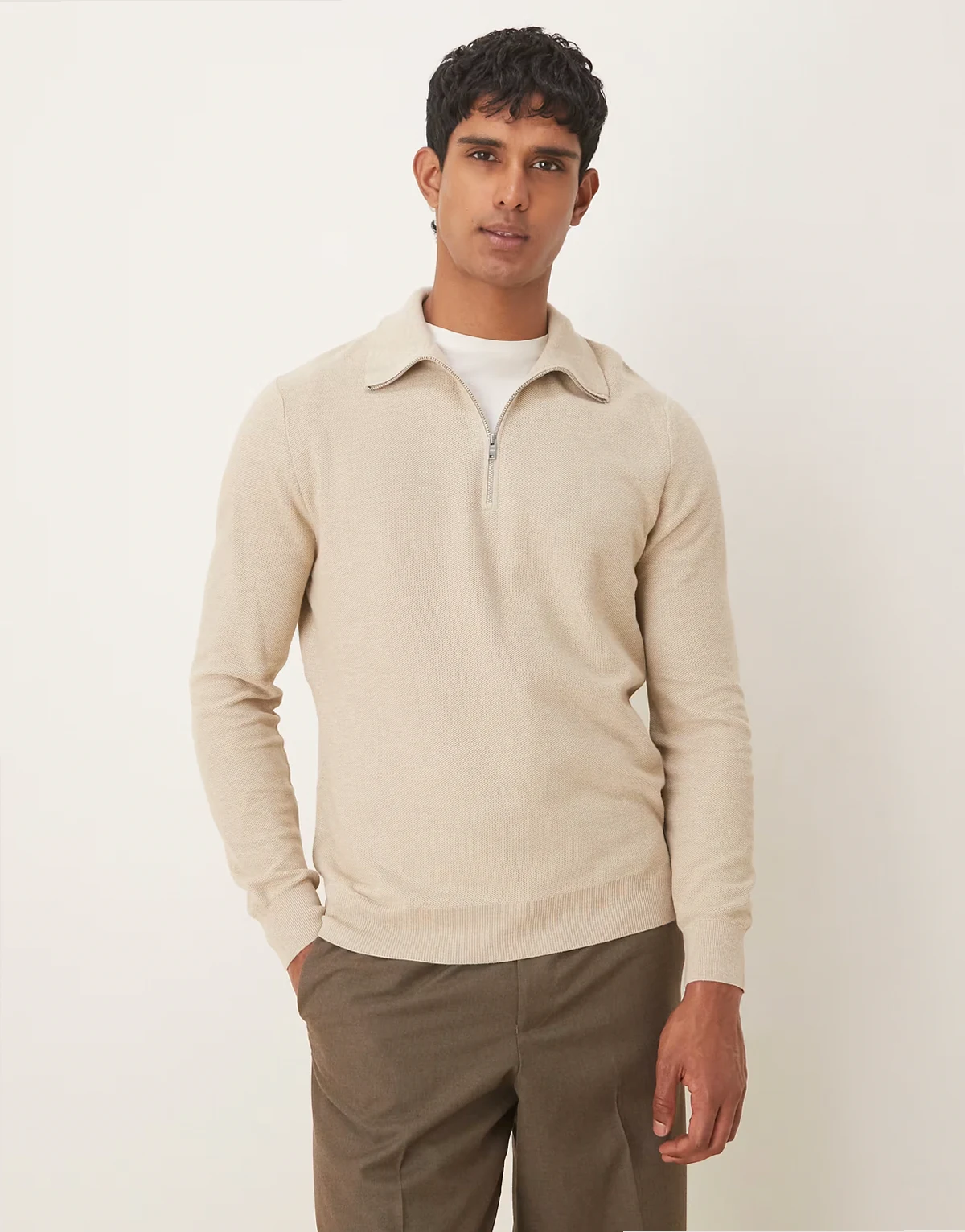 cotton mix knit quarter zip sweater in beige