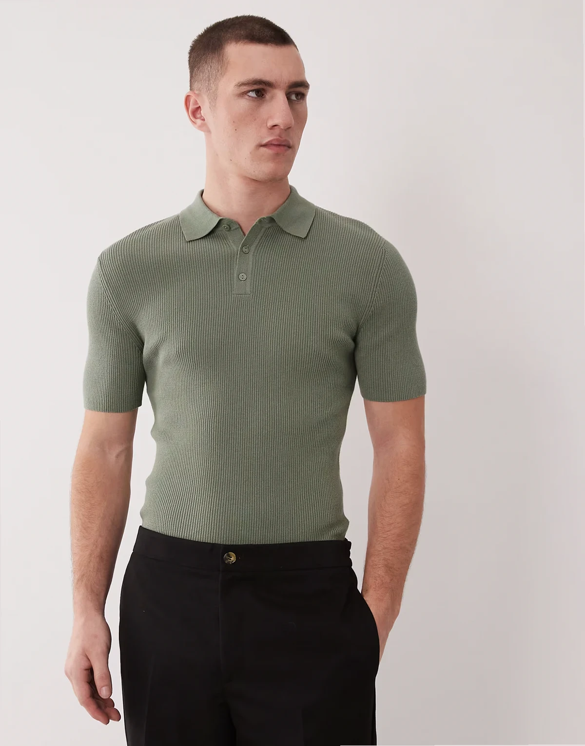 Essential muscle fit fine-rib knit polo in dark sage