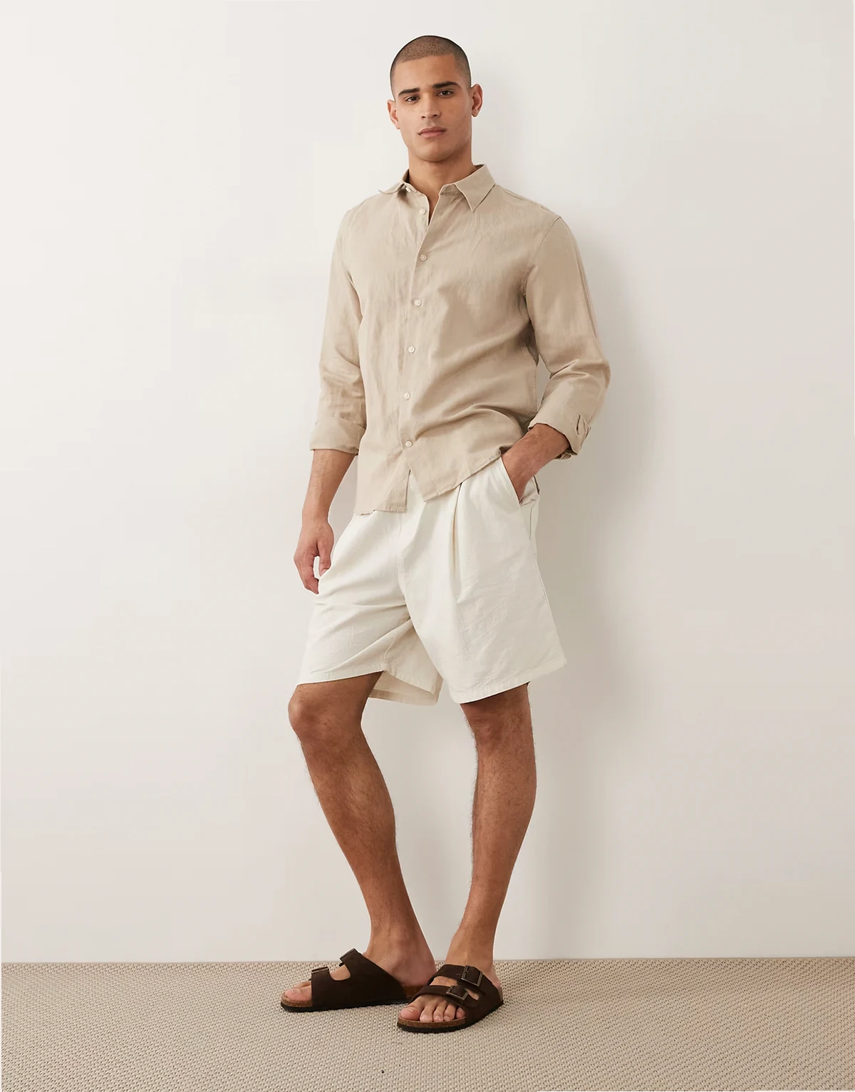 linen blend long sleeve shirt in beige
