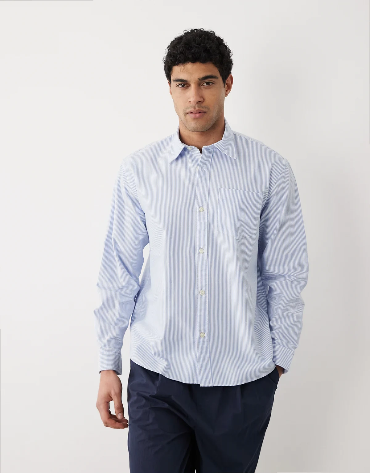 100% cotton Oxford long sleeve shirt in blue stripes