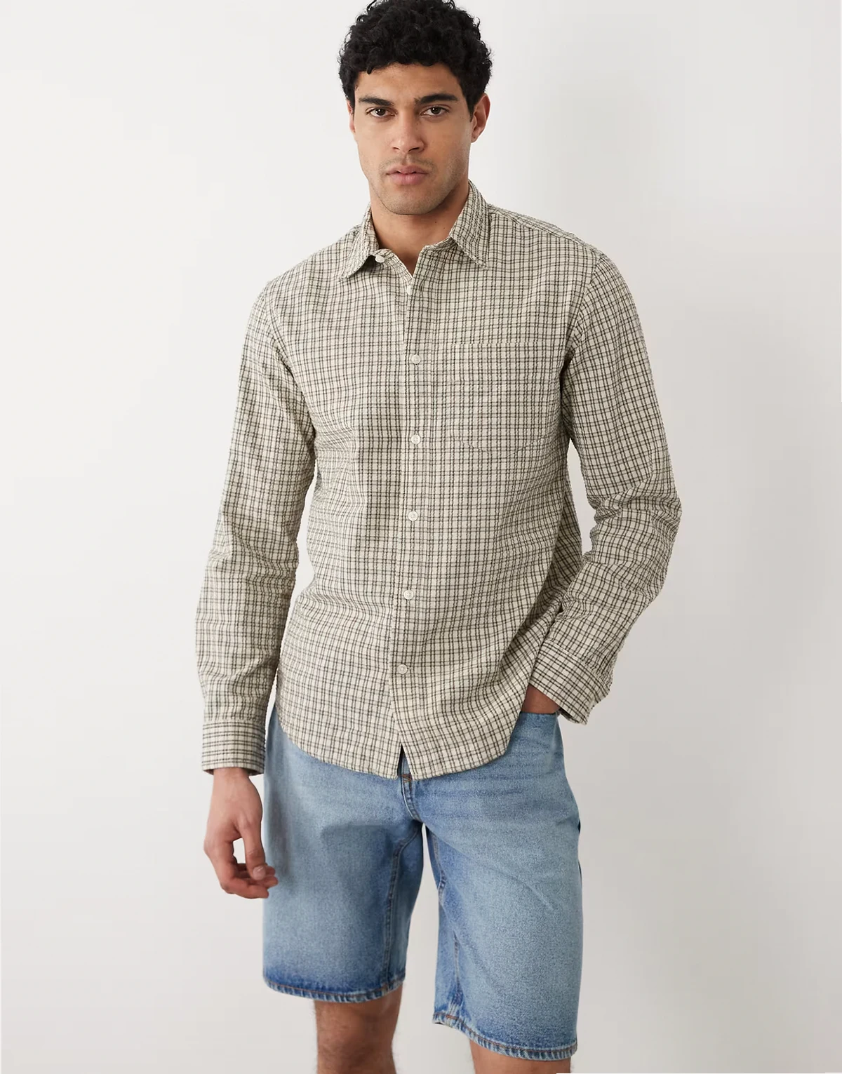 100% cotton long sleeve seersucker shirt in beige plaid
