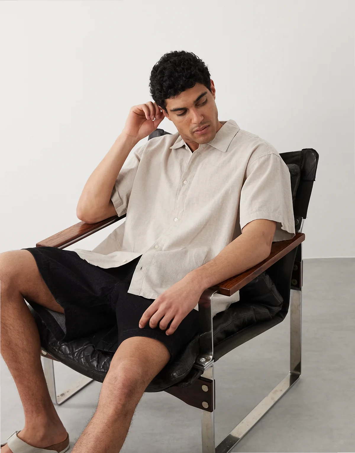 oversized linen blend shirt with short sleeves in beige