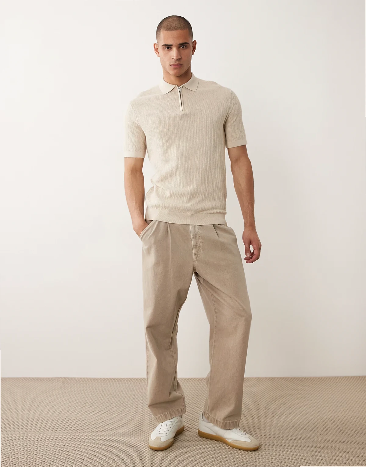 – Polohemd in Beige mit Reißverschluss
