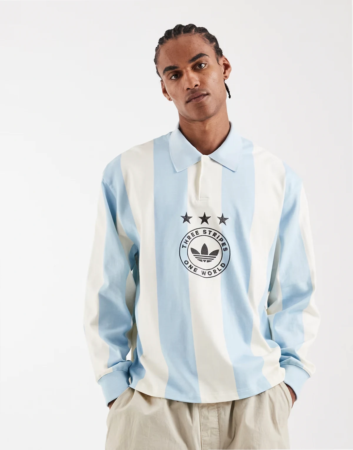 hockey jersey in blue and cream stripe