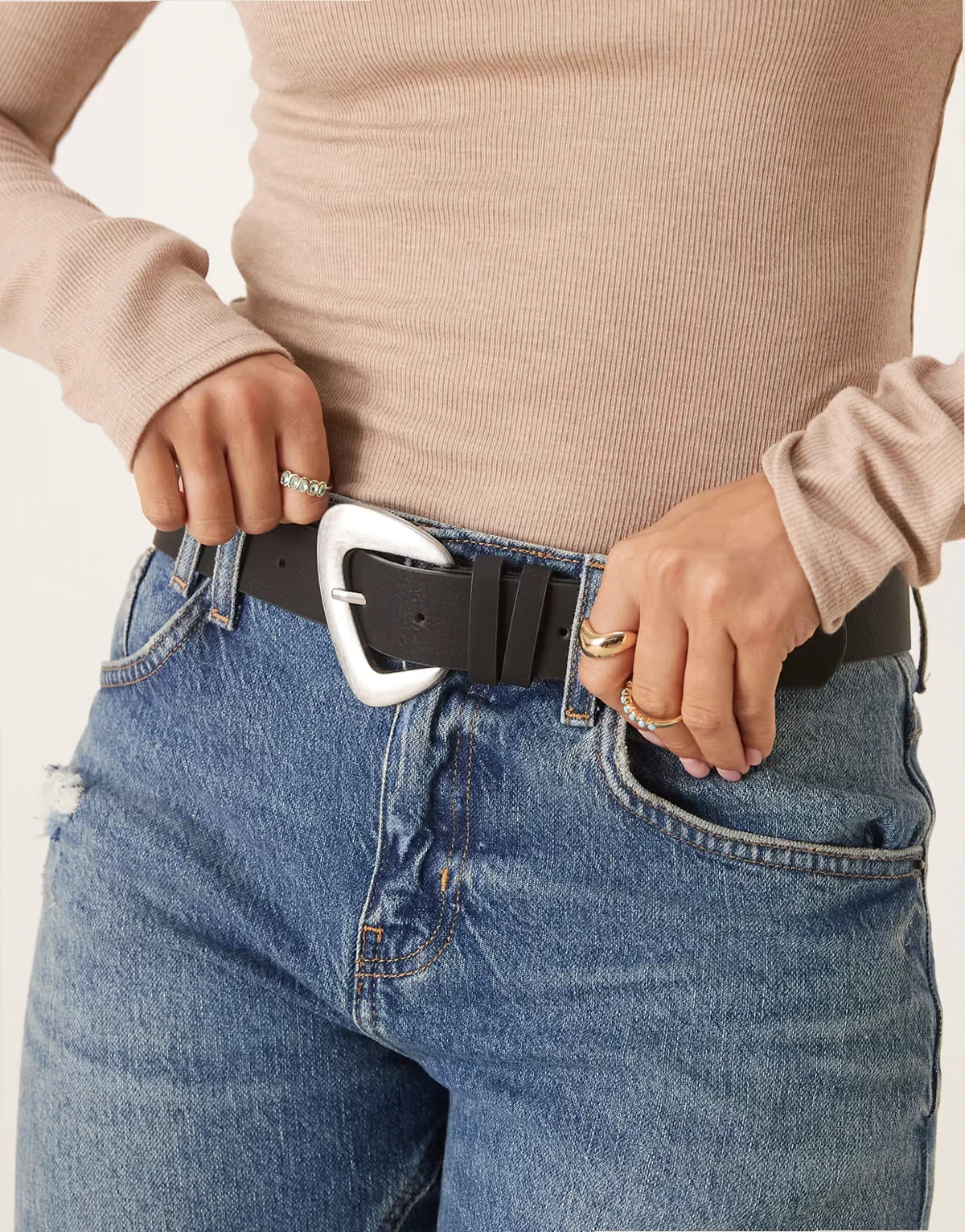 sculptural buckle belt in black and brushed silver