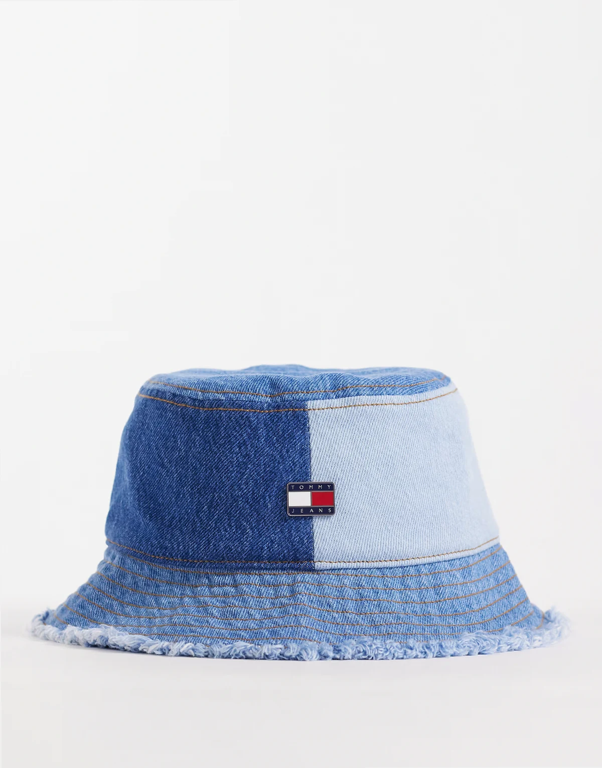patchwork denim bucket hat with logo in blue