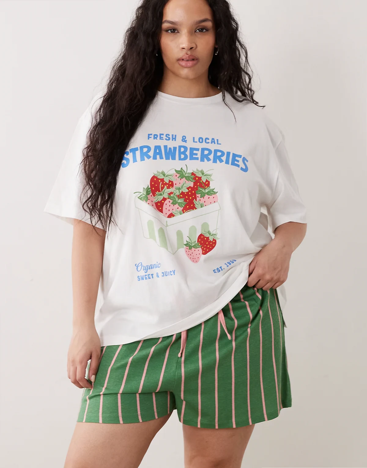 ASOS DESIGN Curve strawberry oversized tee and striped shorts pajama set in cream