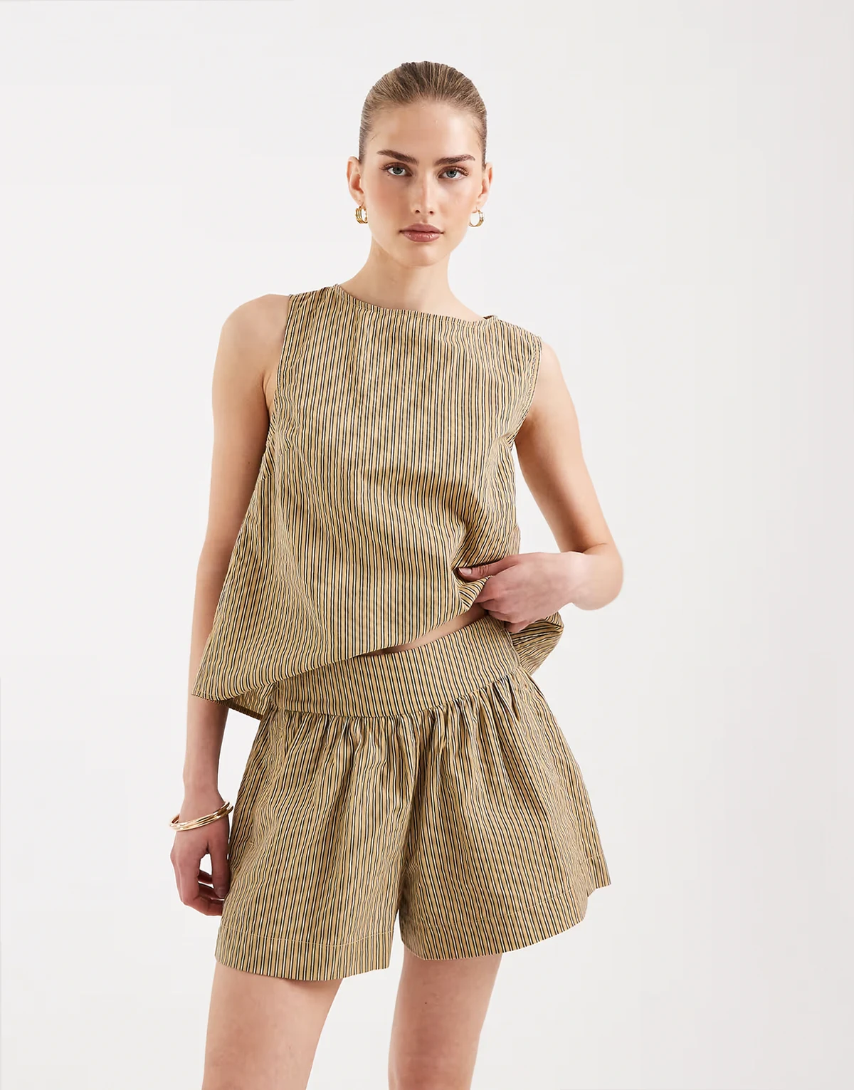 pull on shorts in yellow stripes
