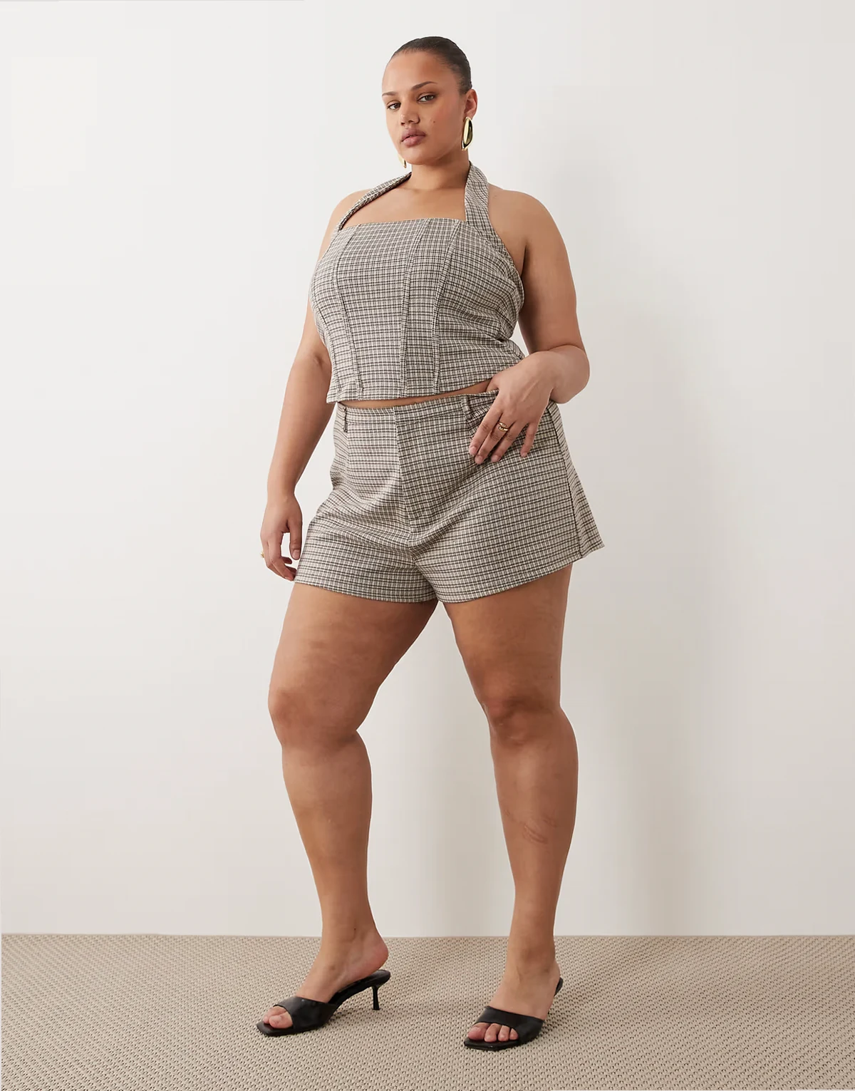 ASOS DESIGN Curve mix & match brushed mini shorts in brown plaid print