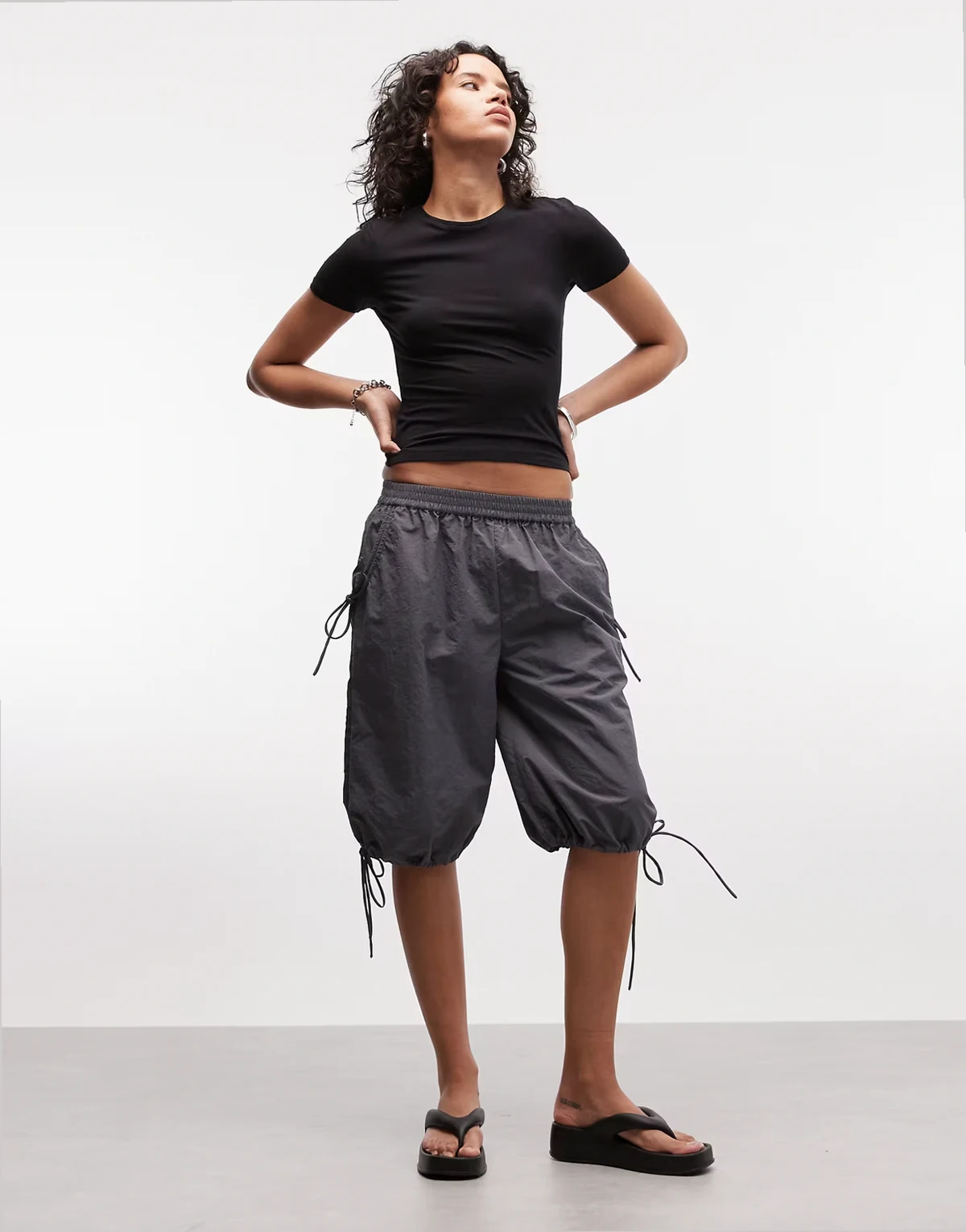 nylon channel longline shorts in gray