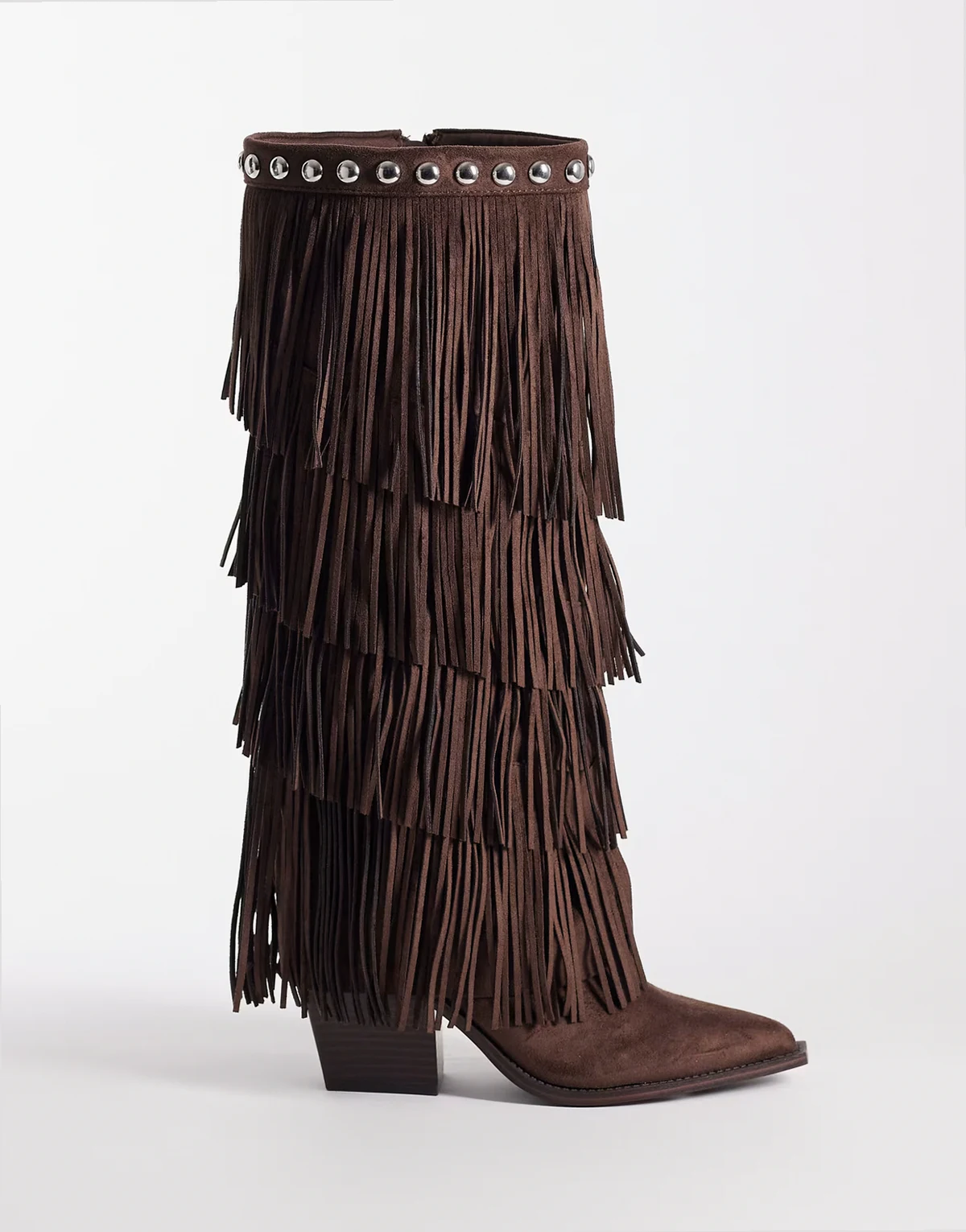 – Christine – Kniehohe Stiefel in Schokobraun mit Fransen