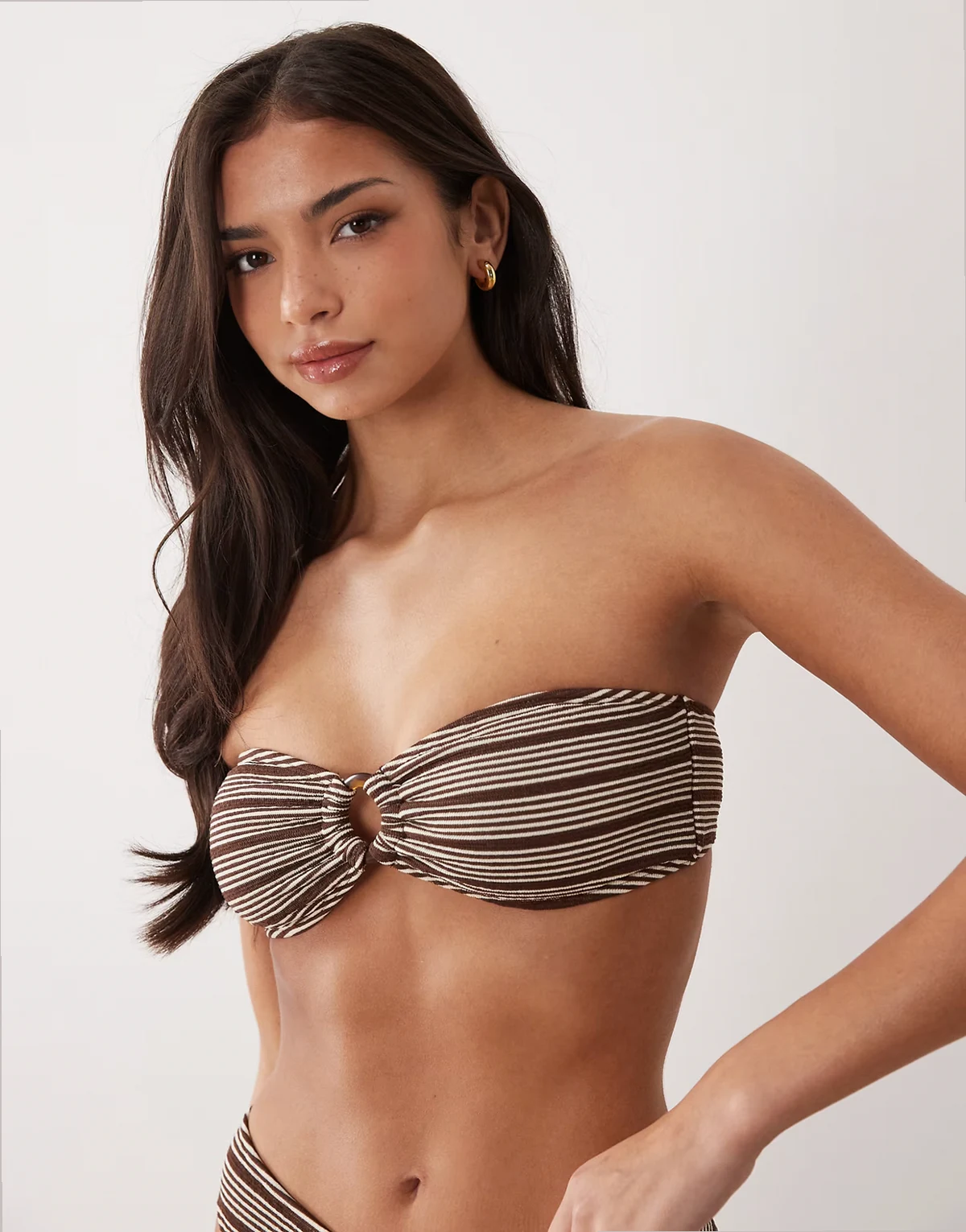 exclusive textured bandeau resin ring bandeau top in brown & cream stripe