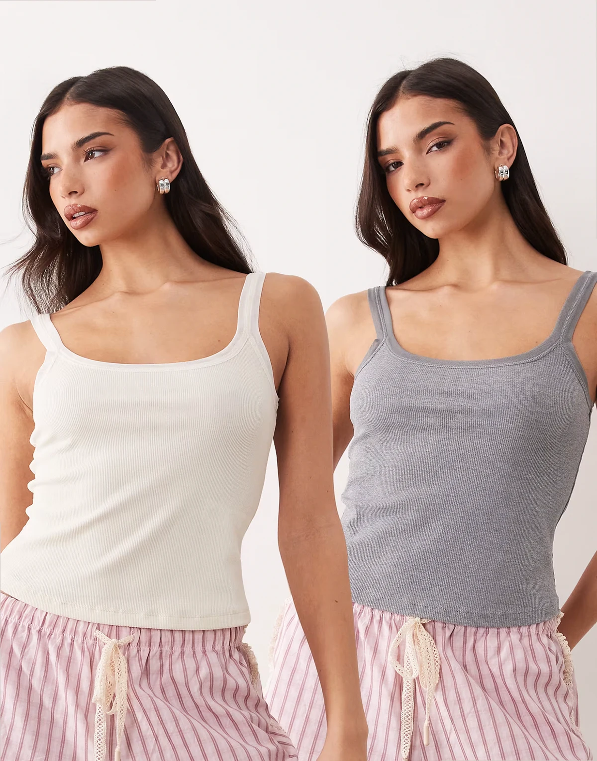 2 pack cami pajama tops with mesh trim in cream & gray