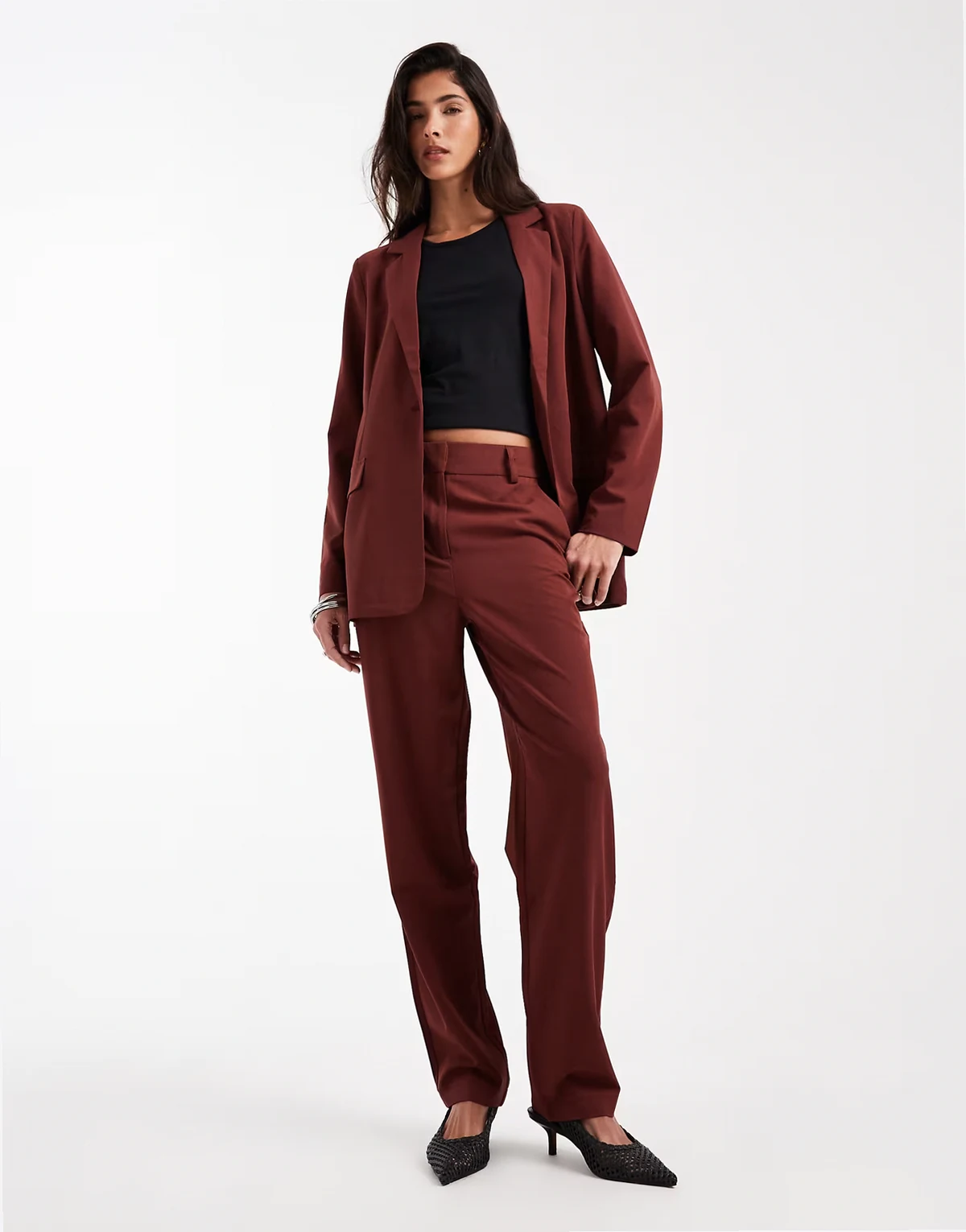 straight leg tailored pants in burgundy - part of a set