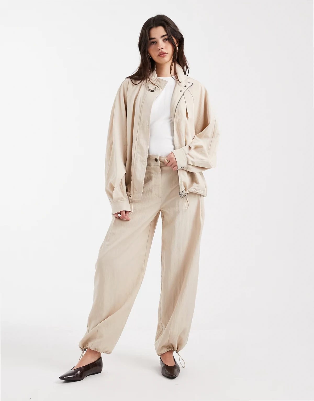 balloon pants with utility d ring details in stone - part of a set