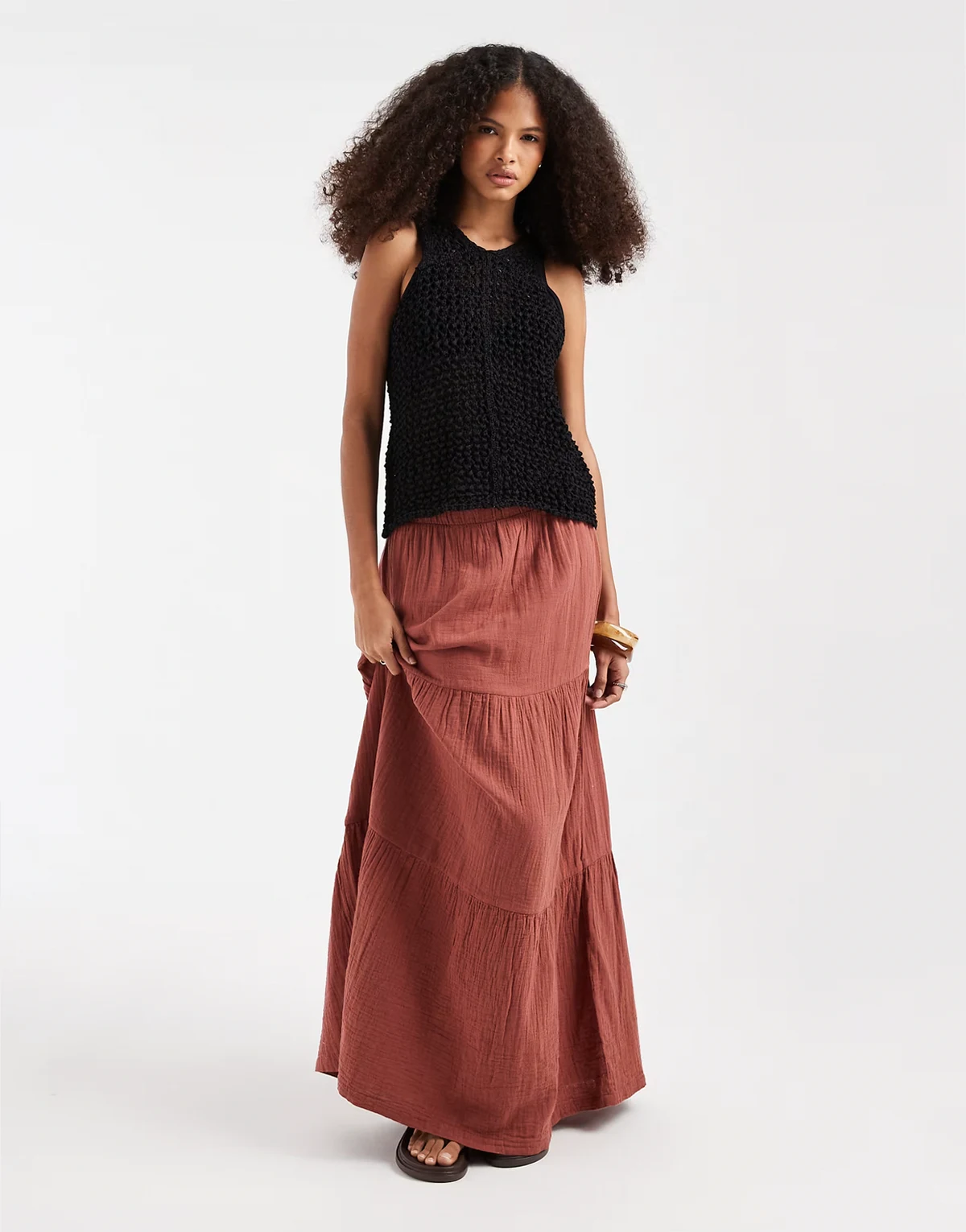 boho tiered maxi skirt in deep mahogany brown