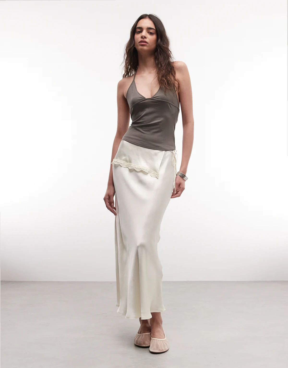 satin maxi slip skirt with layered frill in cream