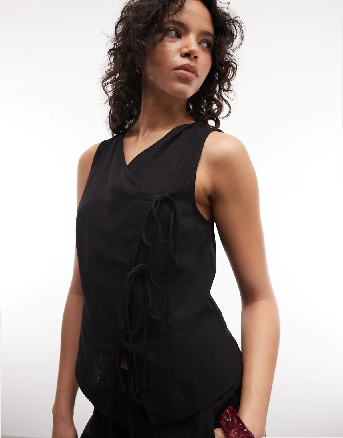 wrap tie detail linen look vest in black - part of a set